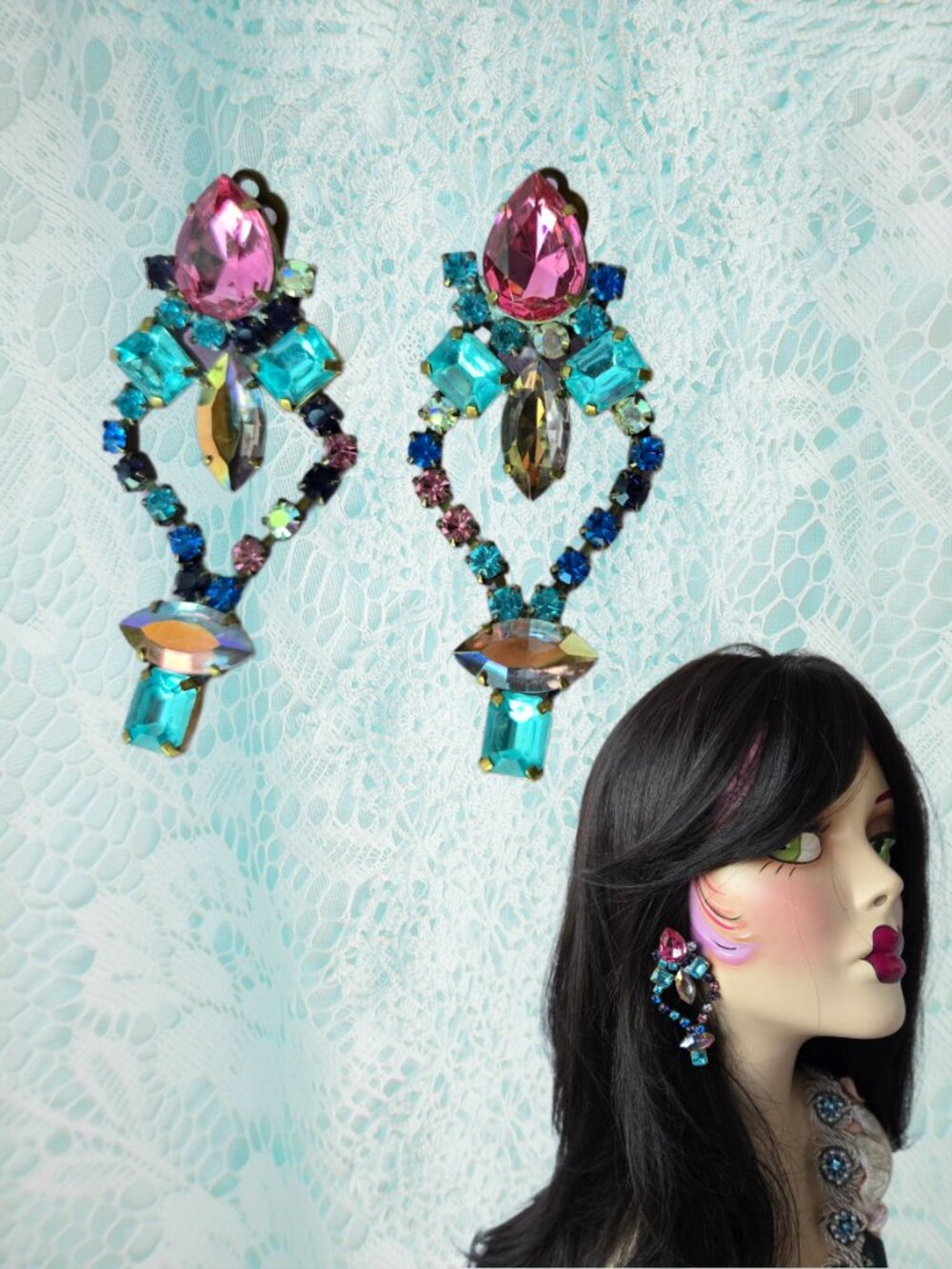 Vintage Blue & Pink Czech Crystal Earrings Princess Mermaidcore